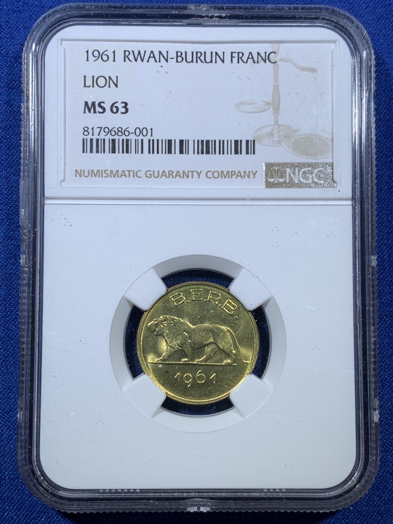 《竞宝斋》第306场   周日，周一 2场连拍 （全场包邮） NGC MS63 1961年卢旺达和布隆迪1法郎非洲雄狮