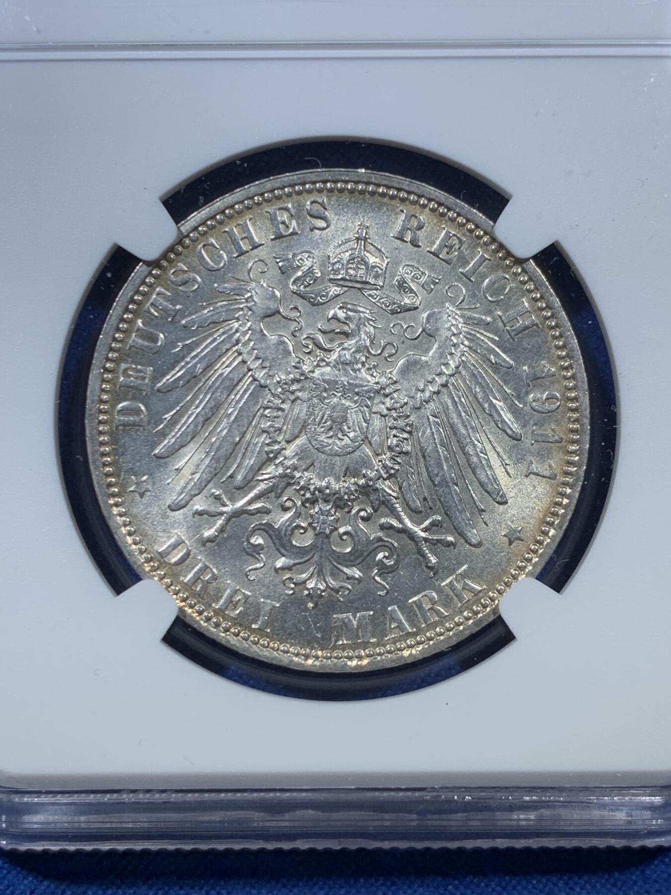 《竞宝斋》第306场   周日，周一 2场连拍 （全场包邮） NGC MS64 德国1911年巴伐利亚利奥波德3马克