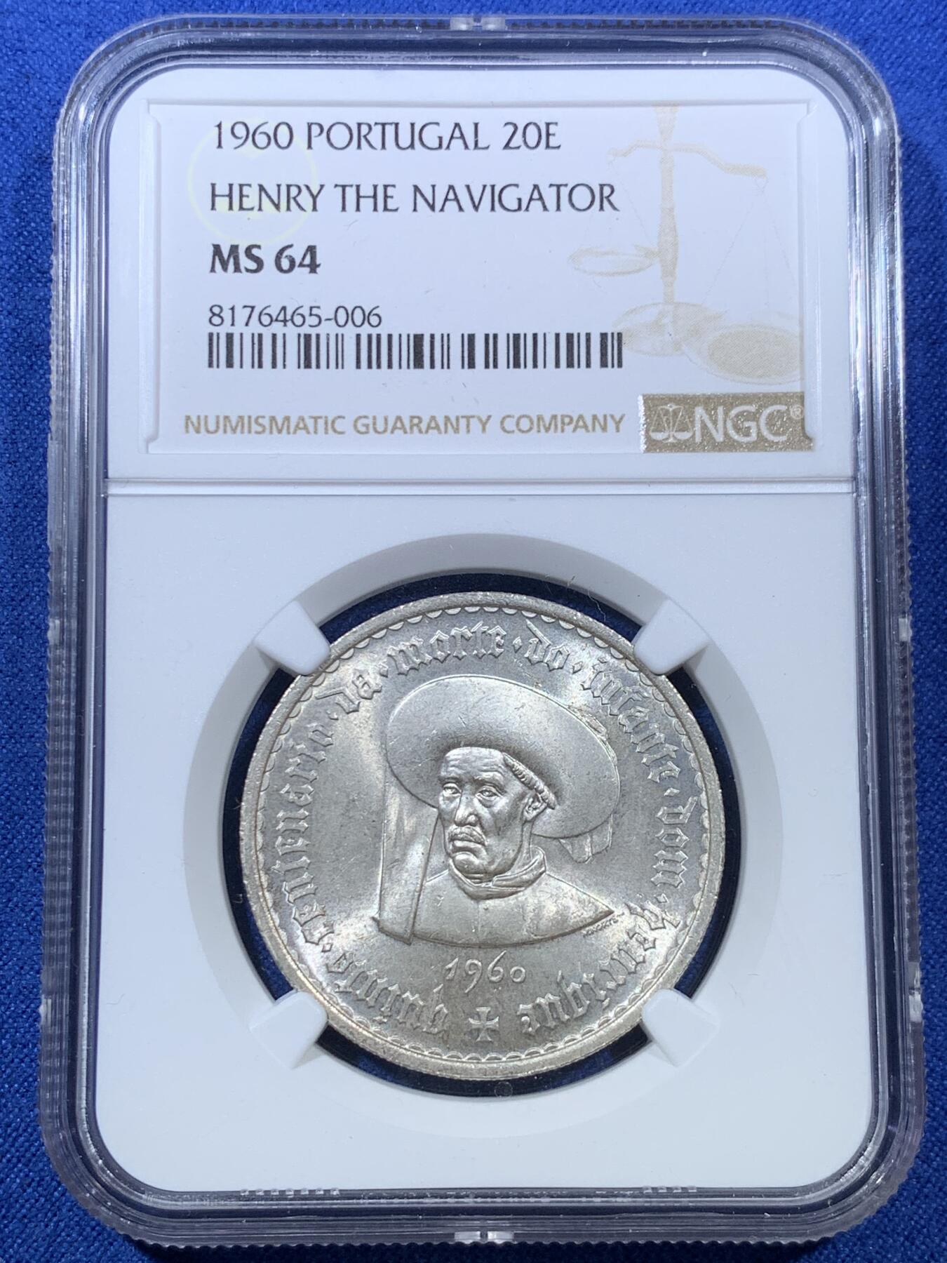 《竞宝斋》第306场   周日，周一 2场连拍 （全场包邮） NGC MS64 葡萄牙1960年亨利王子500周年20埃斯库多银币
