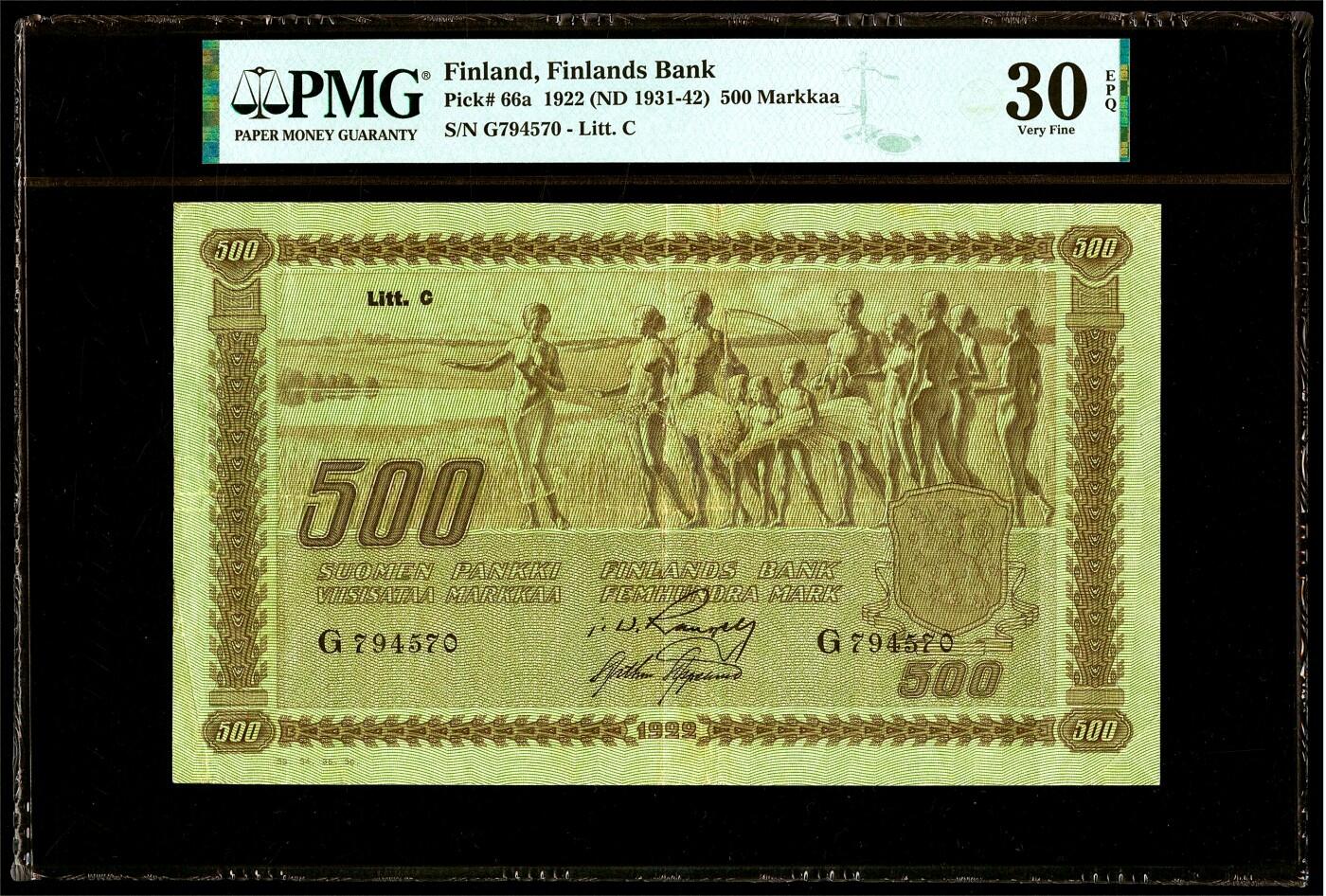 【Blue Auction】✨世界纸币精拍第542期【精】 【仅2张更高分】芬兰早期 1922年500马克 次高值 超大票幅 寓言十一裸者 该品种没有全新存世 PMG30EPQ 原票 目录价VF750美金