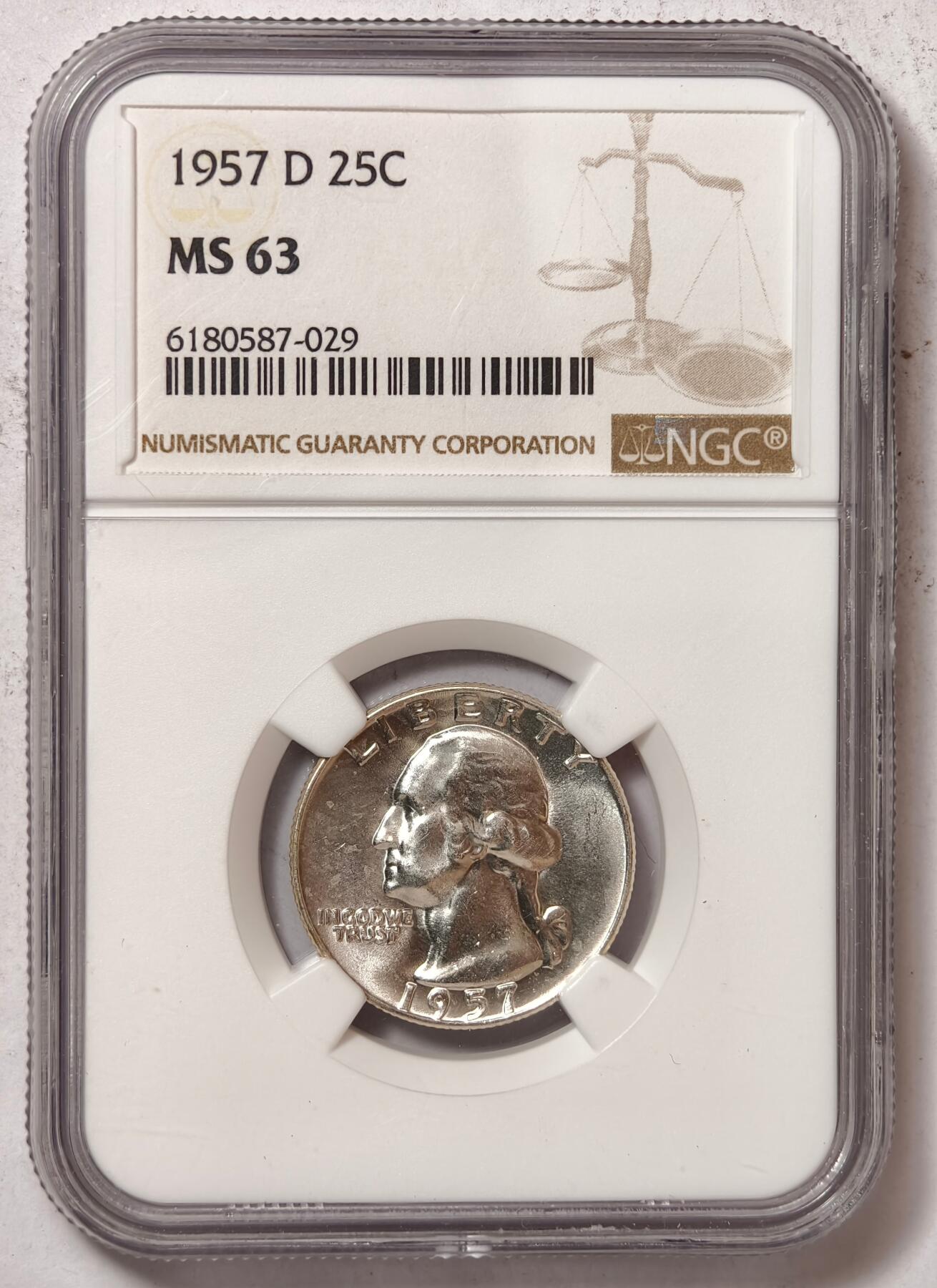 紫瑗钱币——第440期 美国 1957年 D版 华盛顿 25美分 银币 NGC MS63