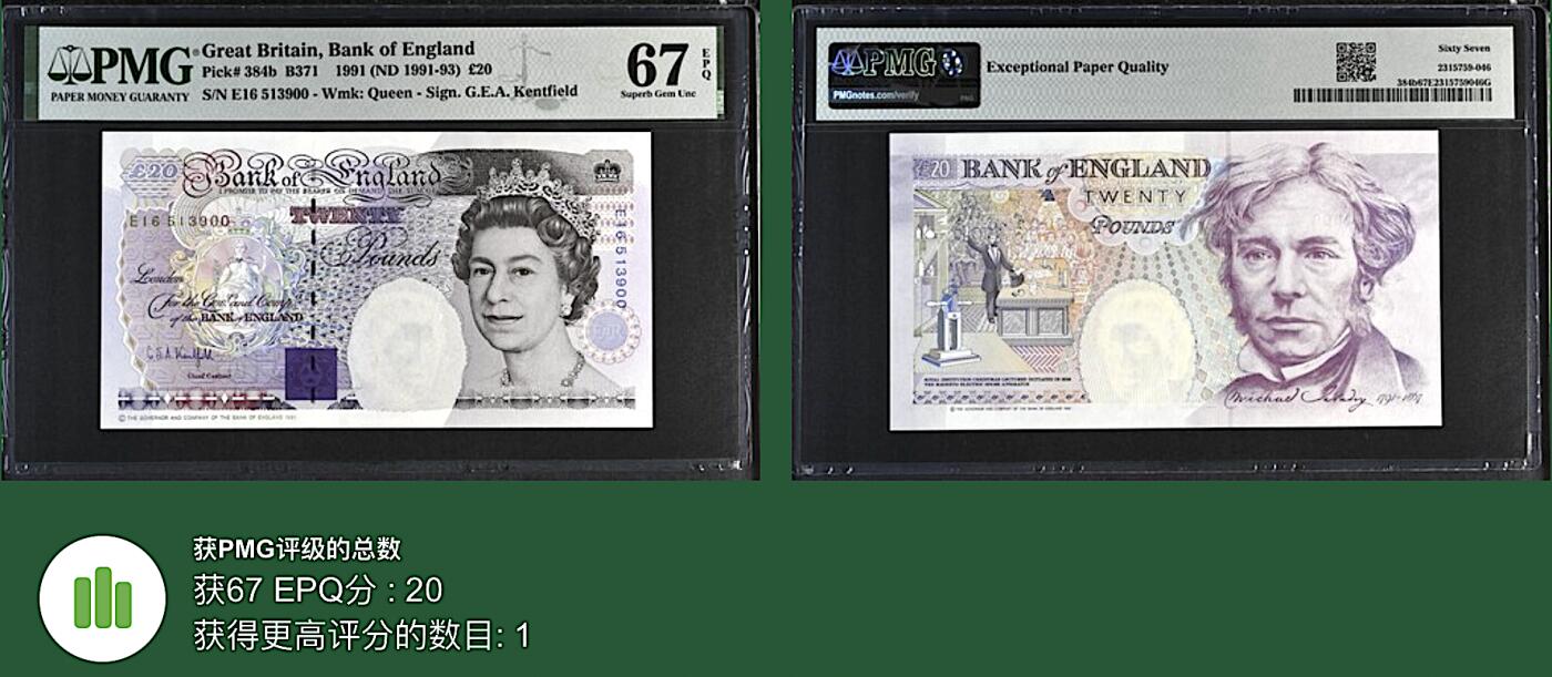 《张总收藏》167期-中秋外币高货特辑 英格兰20镑 PMG67E E序列 女王皇冠版 无47