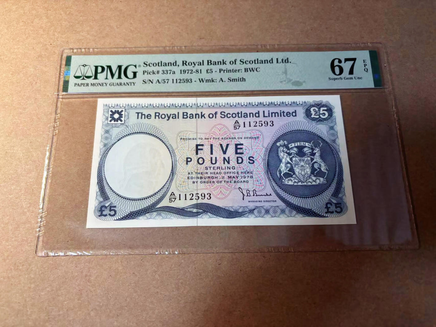 【Blue Auction】✨世界纸币精拍第542期【精】 【无47】苏格兰 1978年5镑 PMG67EPQ 高分