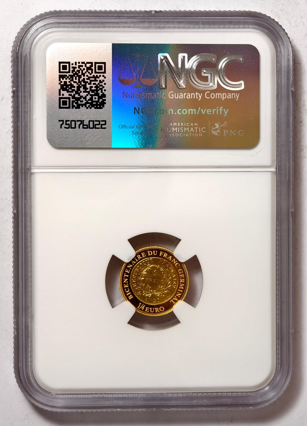 紫瑗钱币——第422期 法国 2003年 第一枚法郎的诞生 1/4欧元 3.11克 0.999金 NGC PR66 UC