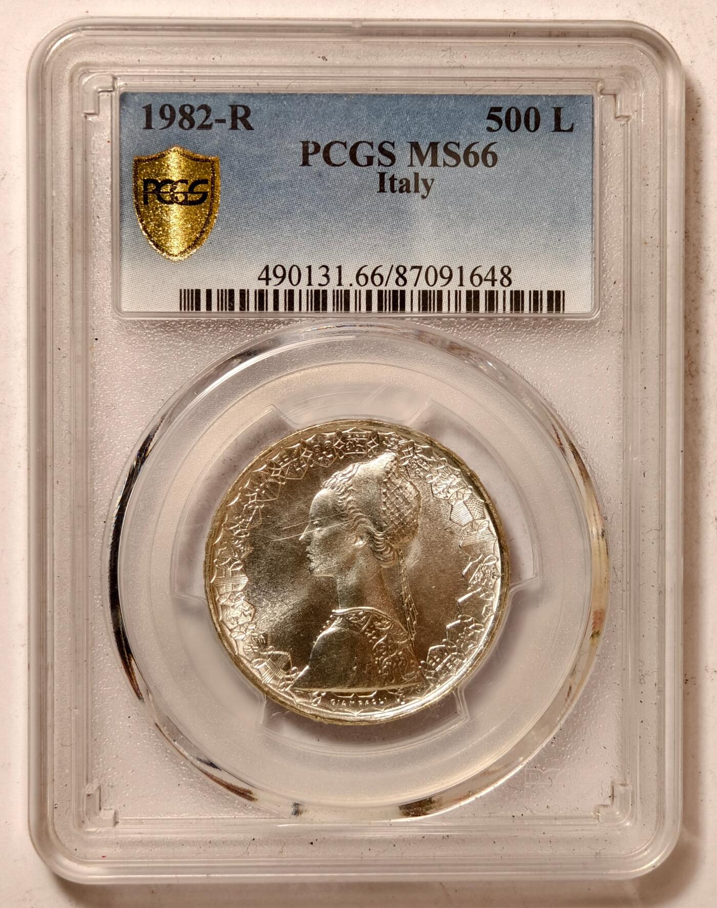 紫瑗钱币——第462期 意大利 1982年 R版 少女与帆船 500里拉 银币 PCGS MS66