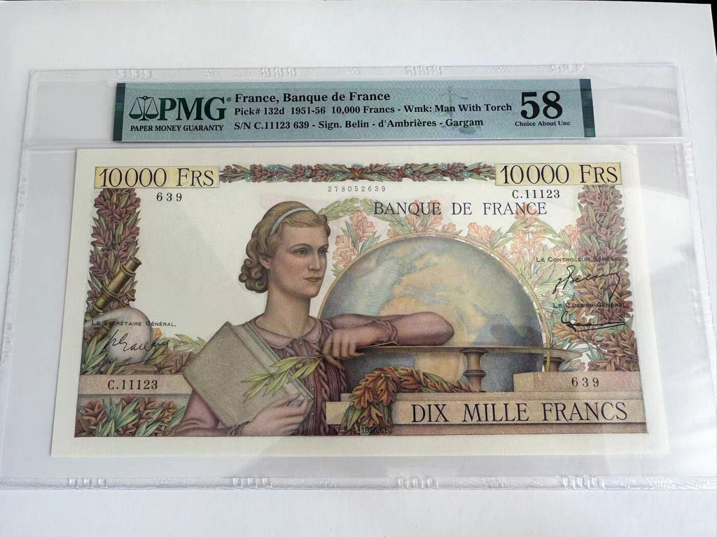 【Blue Auction】✨世界纸币精拍第542期【精】 【无47】法国 1956年10000法郎 地球女神 超大票幅 PMG58 极细小针孔少见