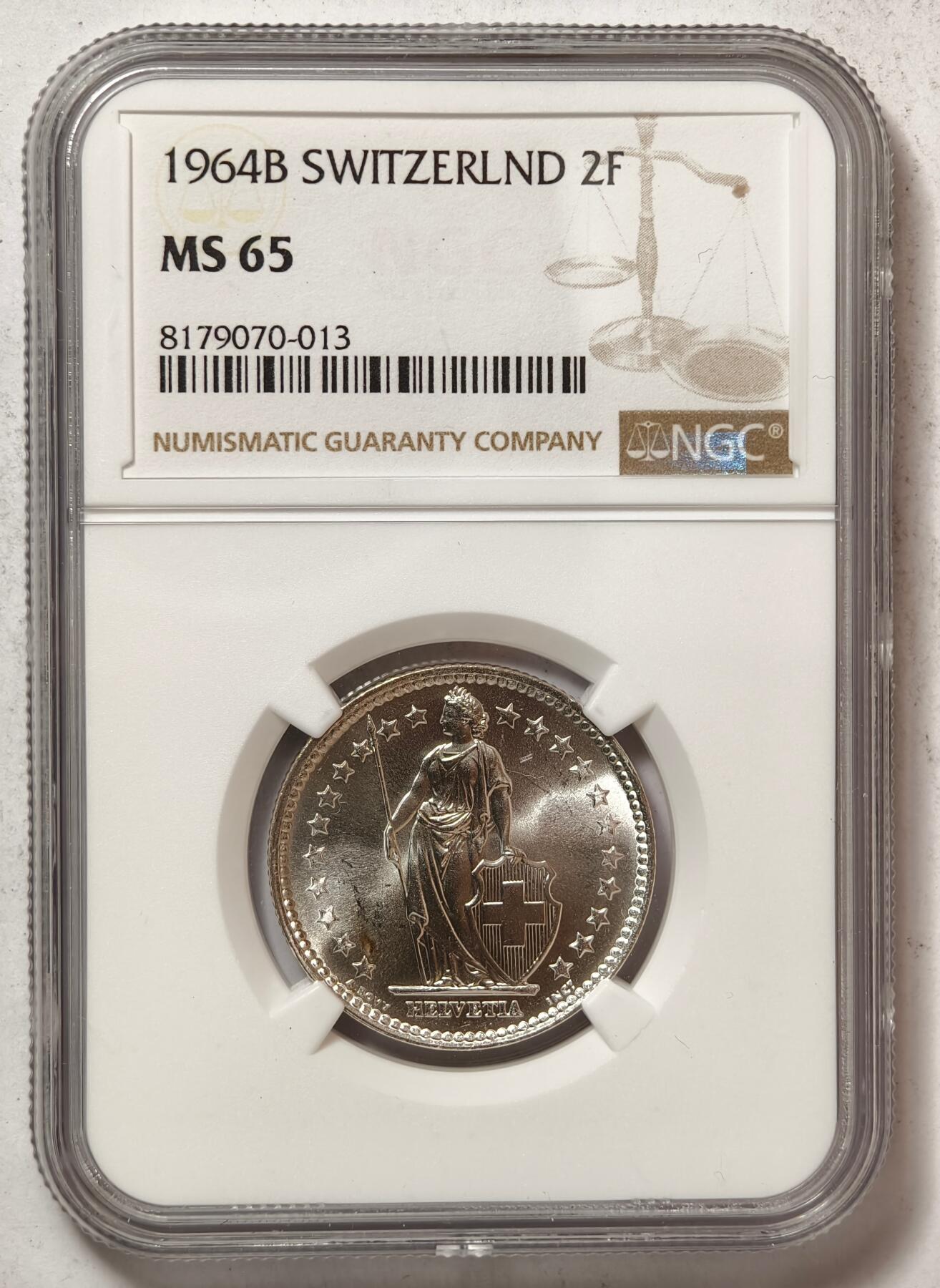 紫瑗钱币——第462期 瑞士 1964年 B版 赫尔维蒂亚 2法郎 银币 NGC MS65
