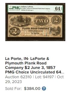 【Blue Auction】✨世界纸币精拍第542期【精】 【手签实钞 无47 罕见高分】美国 印第安纳州 1850年代2美金 PMG67EPQ 高分 短暂营业 存世稀少（这张近200年的钞票崭新宛如昨日刚印制和签名，红色基调满版底纹设计精美，左上角是一位骑在马背上的牧羊人和他的猎狗在放牧一群羊，右下角则是欢快奔跑的小狗和牛群）