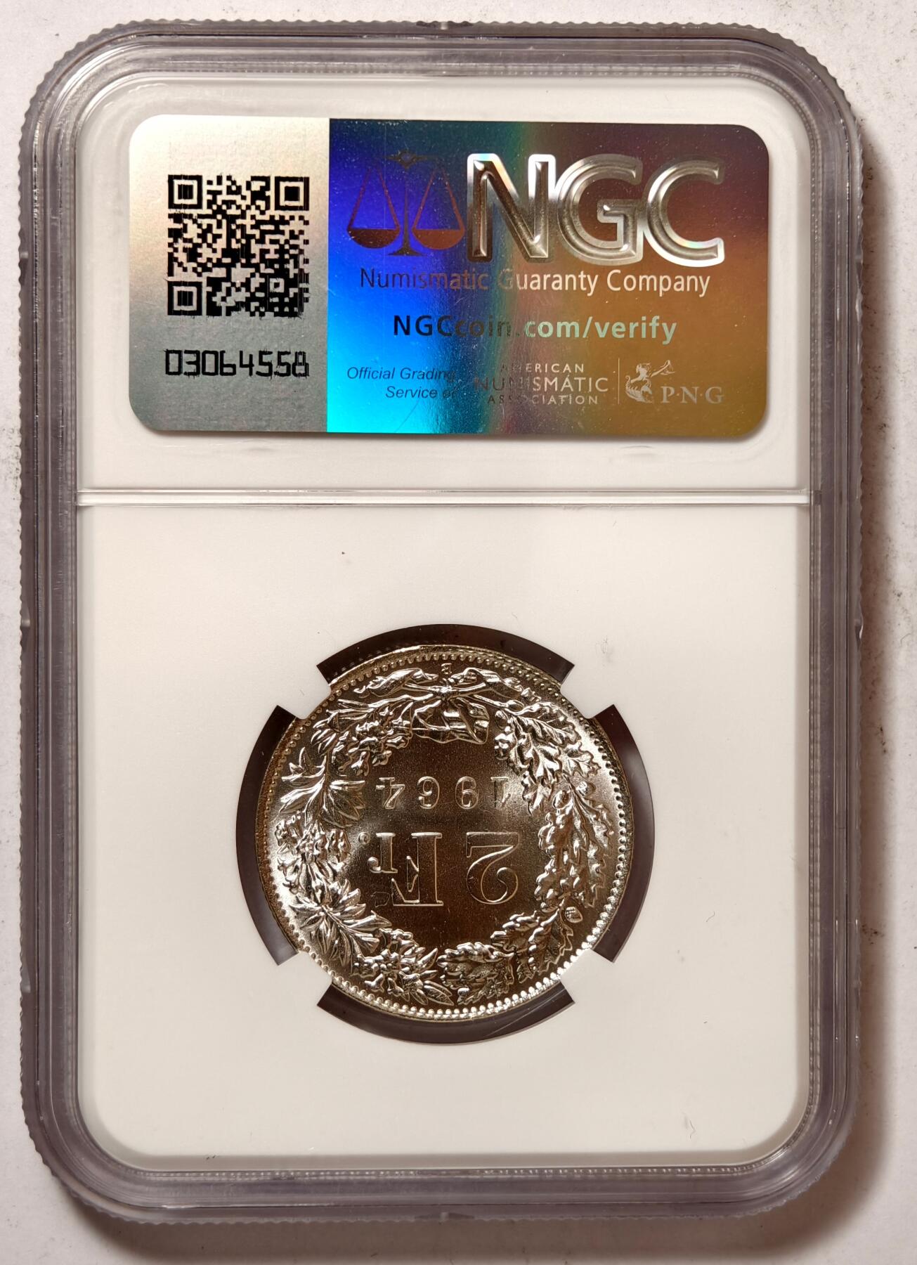紫瑗钱币——第462期 瑞士 1964年 B版 赫尔维蒂亚 2法郎 银币 NGC MS65