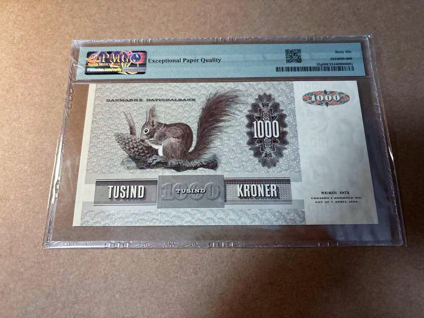 【Blue Auction】✨世界纸币精拍第542期【精】  丹麦 1992年1000克朗 大松鼠 PMG66EPQ 