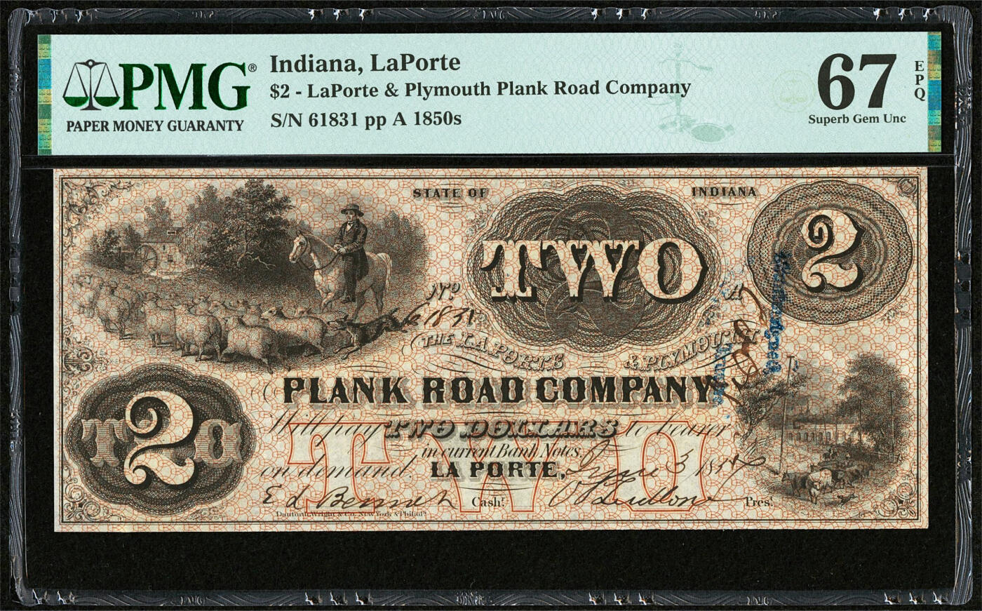 【Blue Auction】✨世界纸币精拍第542期【精】 【手签实钞 无47 罕见高分】美国 印第安纳州 1850年代2美金 PMG67EPQ 高分 短暂营业 存世稀少（这张近200年的钞票崭新宛如昨日刚印制和签名，红色基调满版底纹设计精美，左上角是一位骑在马背上的牧羊人和他的猎狗在放牧一群羊，右下角则是欢快奔跑的小狗和牛群）