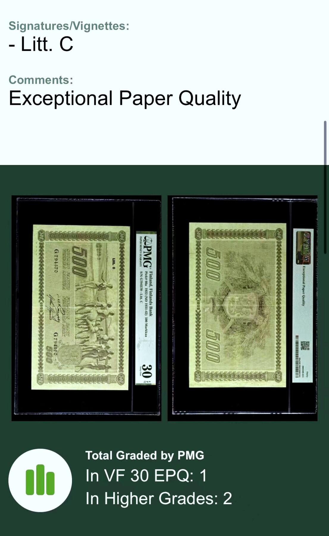 【Blue Auction】✨世界纸币精拍第542期【精】 【仅2张更高分】芬兰早期 1922年500马克 次高值 超大票幅 寓言十一裸者 该品种没有全新存世 PMG30EPQ 原票 目录价VF750美金