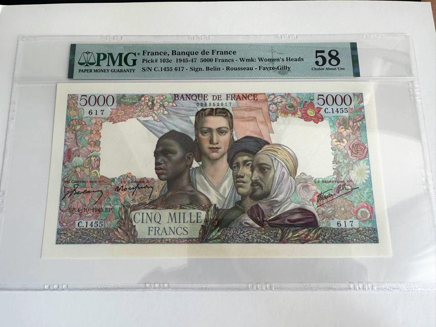 【Blue Auction】✨世界纸币精拍第542期【精】 法国 1945年5000法郎 PMG58 超大票幅 大团结