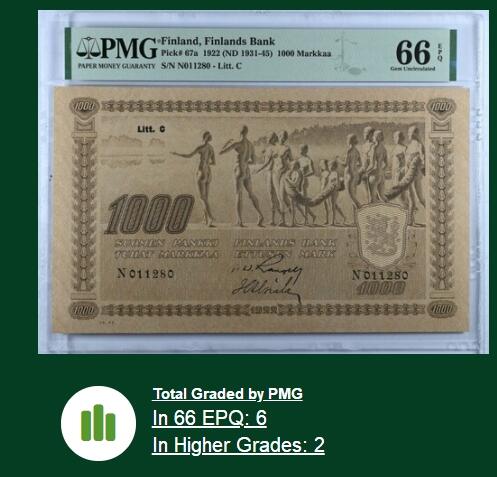 【Blue Auction】✨世界纸币精拍第542期【精】   【仅2张更高分 无47】芬兰早期 1922年1000马克 最高值 超大票幅 正面印有湖畔十三名神祇之肖像 背面中央则印有神秘松树及盾徽 PMG66EPQ 经典品种高分值得收藏 