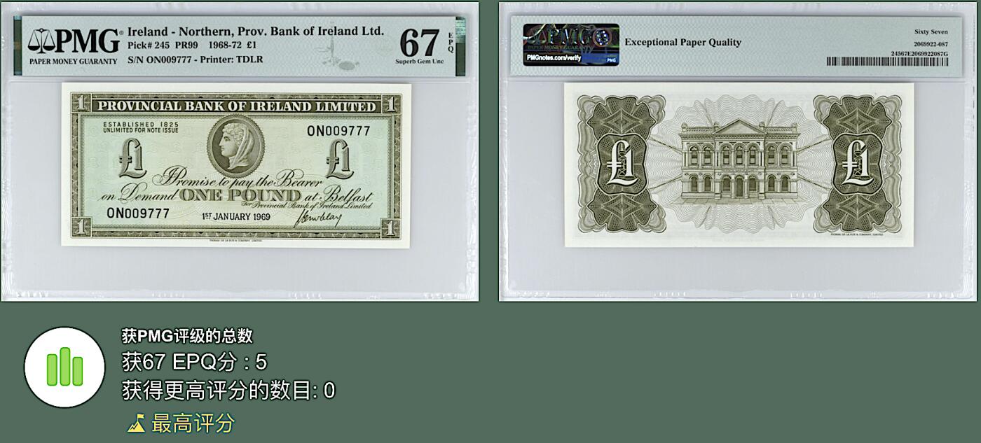 《张总收藏》167期-中秋外币高货特辑 豹子号 北爱尔兰1镑 PMG67E 1969年老银行版本 无4豹子号