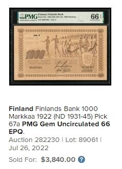 【Blue Auction】✨世界纸币精拍第542期【精】   【仅2张更高分 无47】芬兰早期 1922年1000马克 最高值 超大票幅 正面印有湖畔十三名神祇之肖像 背面中央则印有神秘松树及盾徽 PMG66EPQ 经典品种高分值得收藏 