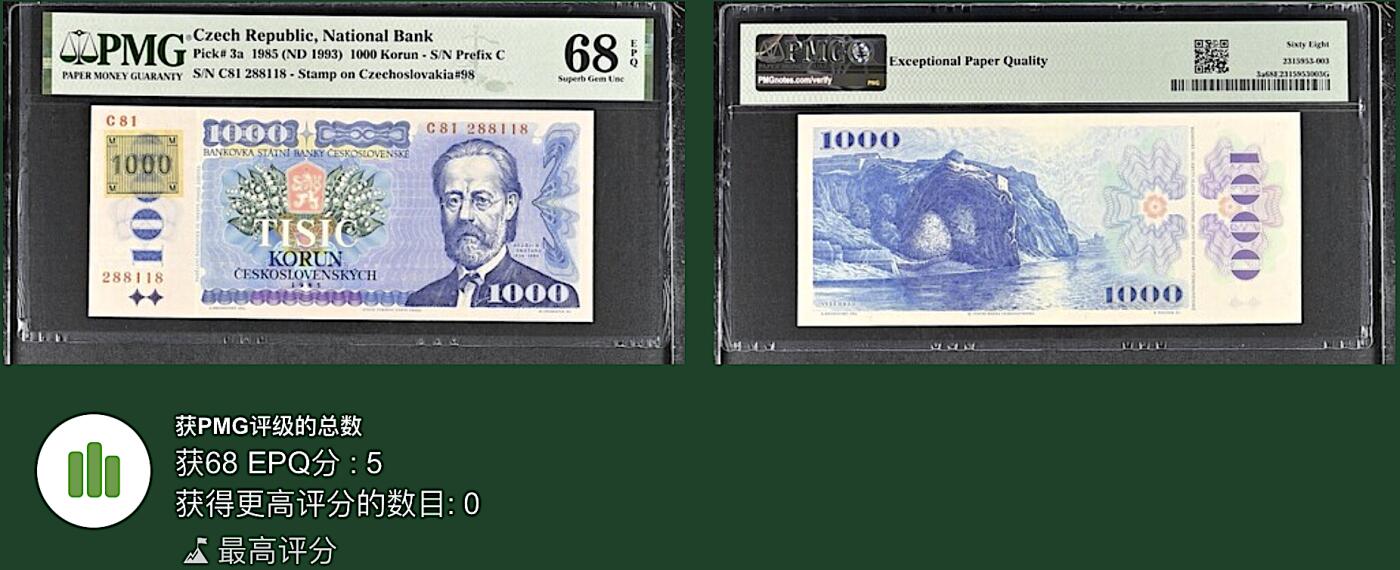 《张总收藏》167期-中秋外币高货特辑 捷克1000克朗 PMG68E 1993年 捷克斯洛伐克解体后贴票版 首套纸币 无47 冠军分