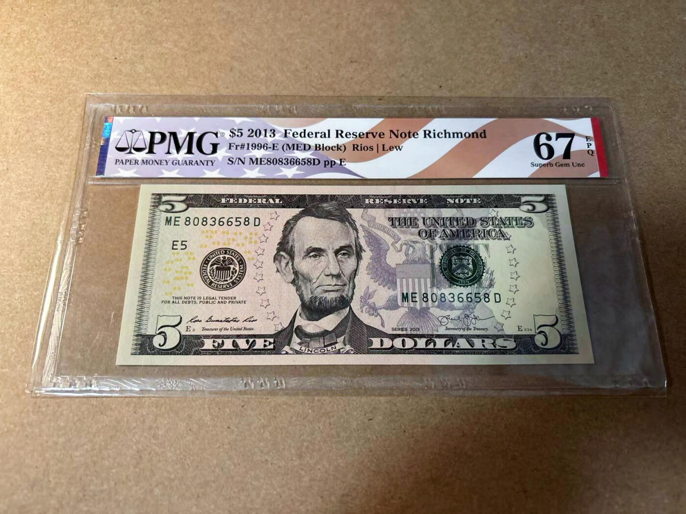 【Blue Auction】✨世界纸币精拍第542期【精】 【无47】美国 2013年5美金 PMG67EPQ 高分