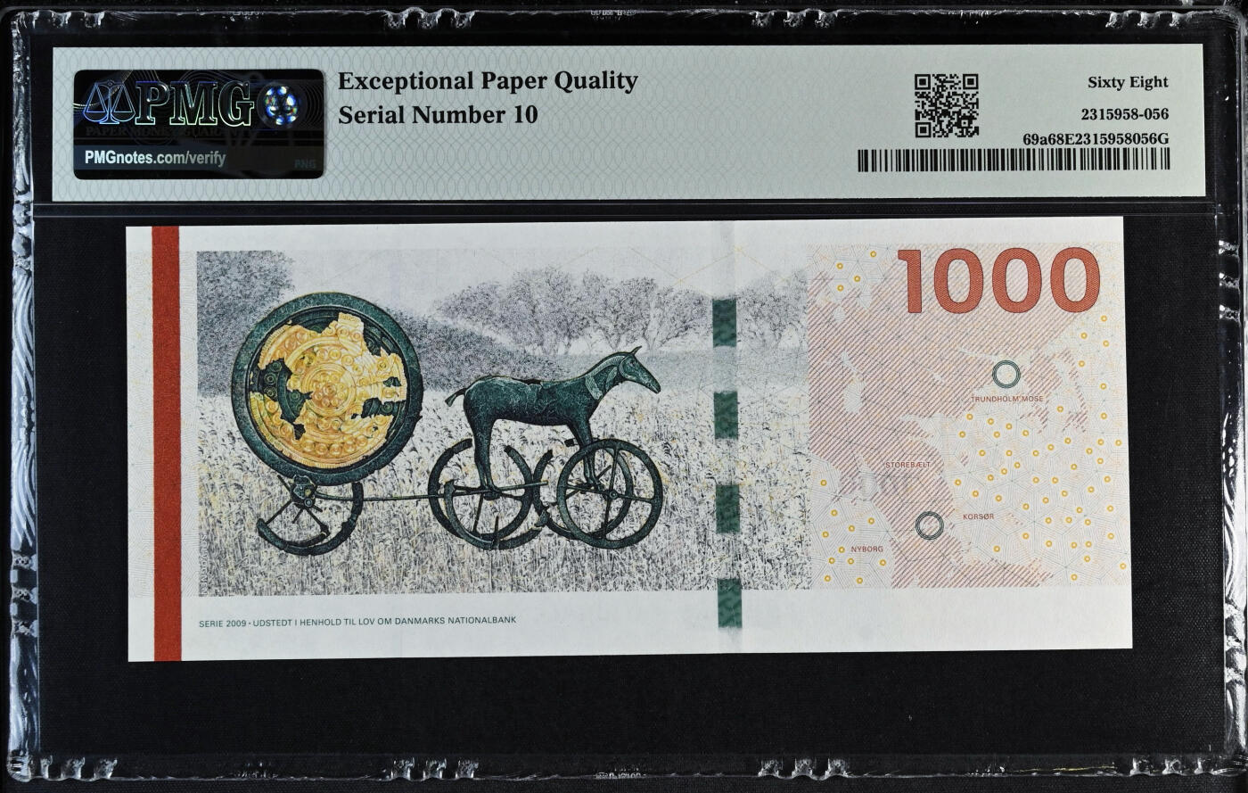 【Blue Auction】✨世界纸币精拍第542期【精】  【A0冠10号极小号二进制号 仅3张更高分】丹麦 2011年1000克朗 PMG68EPQ 超高分 桥与文物版最高值 