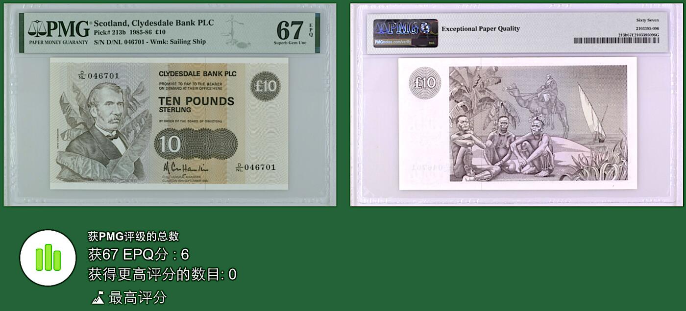 《张总收藏》167期-中秋外币高货特辑 苏格兰10镑 PMG67E 克莱斯戴尔银行 1986年b版 凑签名必备 冠军分