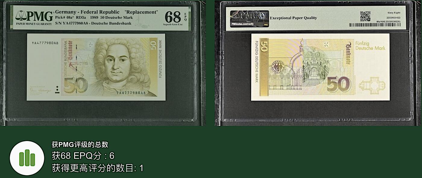 《张总收藏》167期-中秋外币高货特辑 德国50马克 PMG68E 1989年 德国建筑师纽曼 补号冠
