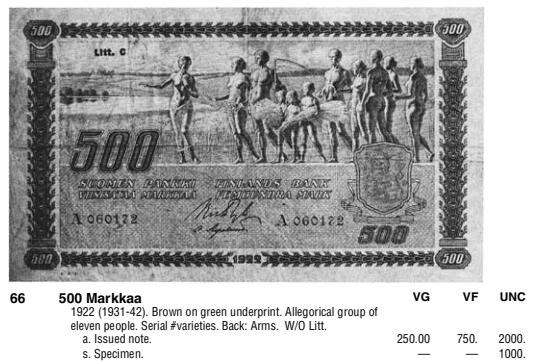【Blue Auction】✨世界纸币精拍第542期【精】 【仅2张更高分】芬兰早期 1922年500马克 次高值 超大票幅 寓言十一裸者 该品种没有全新存世 PMG30EPQ 原票 目录价VF750美金
