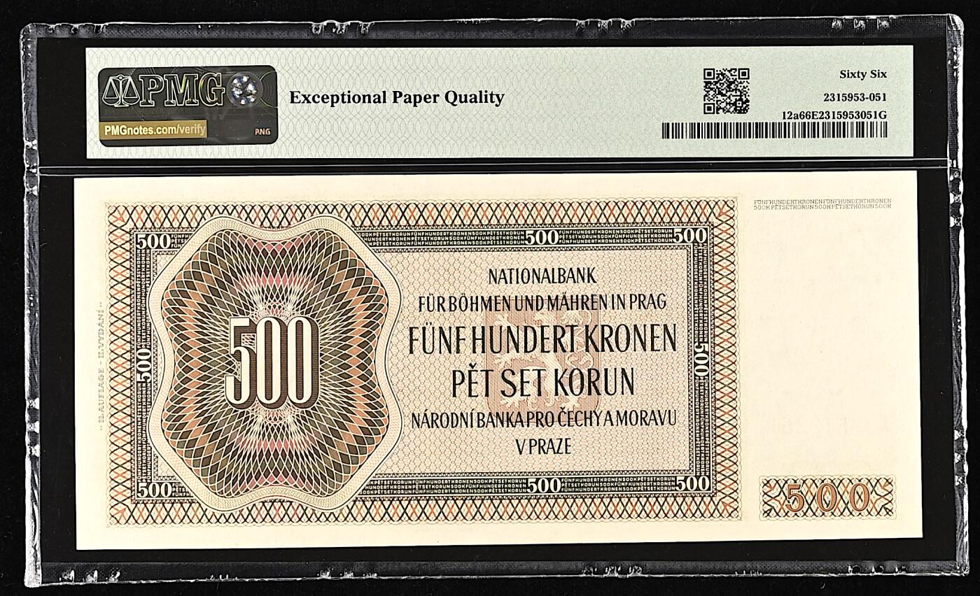 《张总收藏》167期-中秋外币高货特辑 波西米亚与摩拉维亚500克朗 PMG66E 1942年 无针孔实钞 大票幅无47