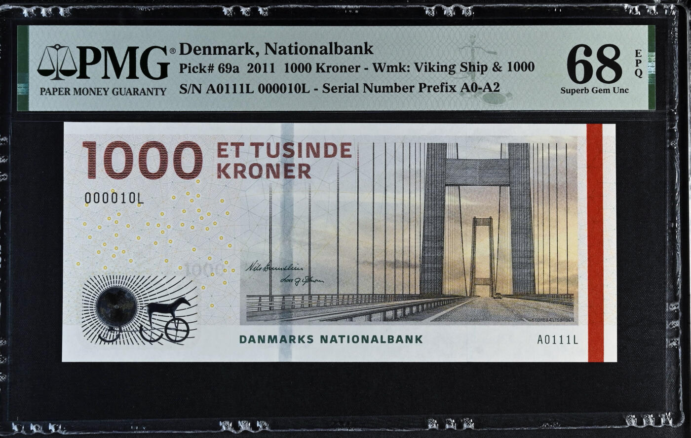 【Blue Auction】✨世界纸币精拍第542期【精】  【A0冠10号极小号二进制号 仅3张更高分】丹麦 2011年1000克朗 PMG68EPQ 超高分 桥与文物版最高值 