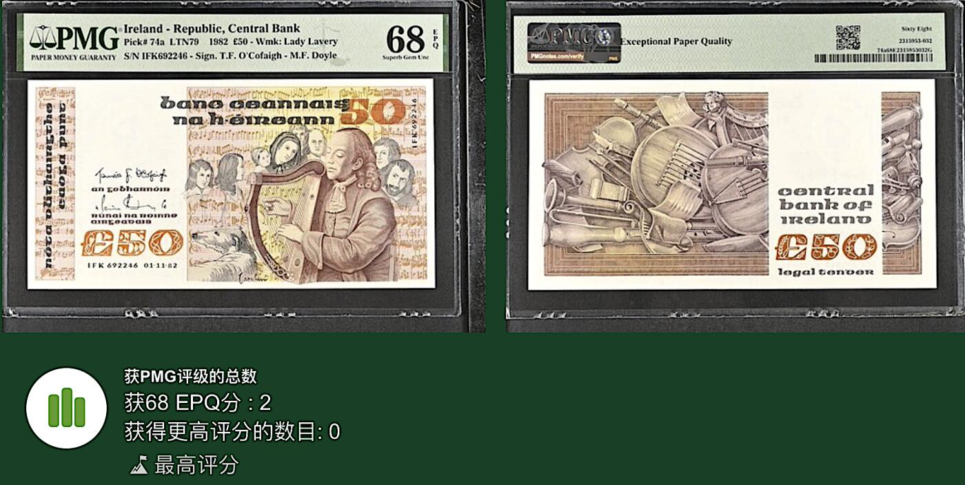 《张总收藏》167期-中秋外币高货特辑 爱尔兰50镑 PMG68E B序列 爱尔兰盲人竖琴师奥卡罗兰 1982年首发年a版 非常稀少 冠军分 仅2张