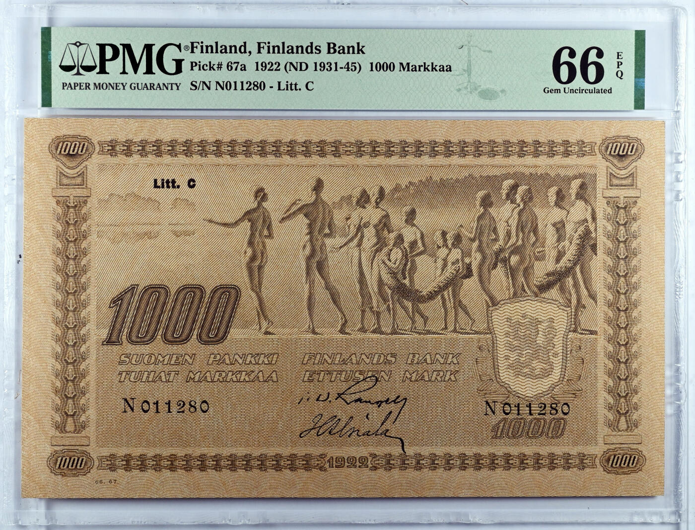 【Blue Auction】✨世界纸币精拍第542期【精】   【仅2张更高分 无47】芬兰早期 1922年1000马克 最高值 超大票幅 正面印有湖畔十三名神祇之肖像 背面中央则印有神秘松树及盾徽 PMG66EPQ 经典品种高分值得收藏 
