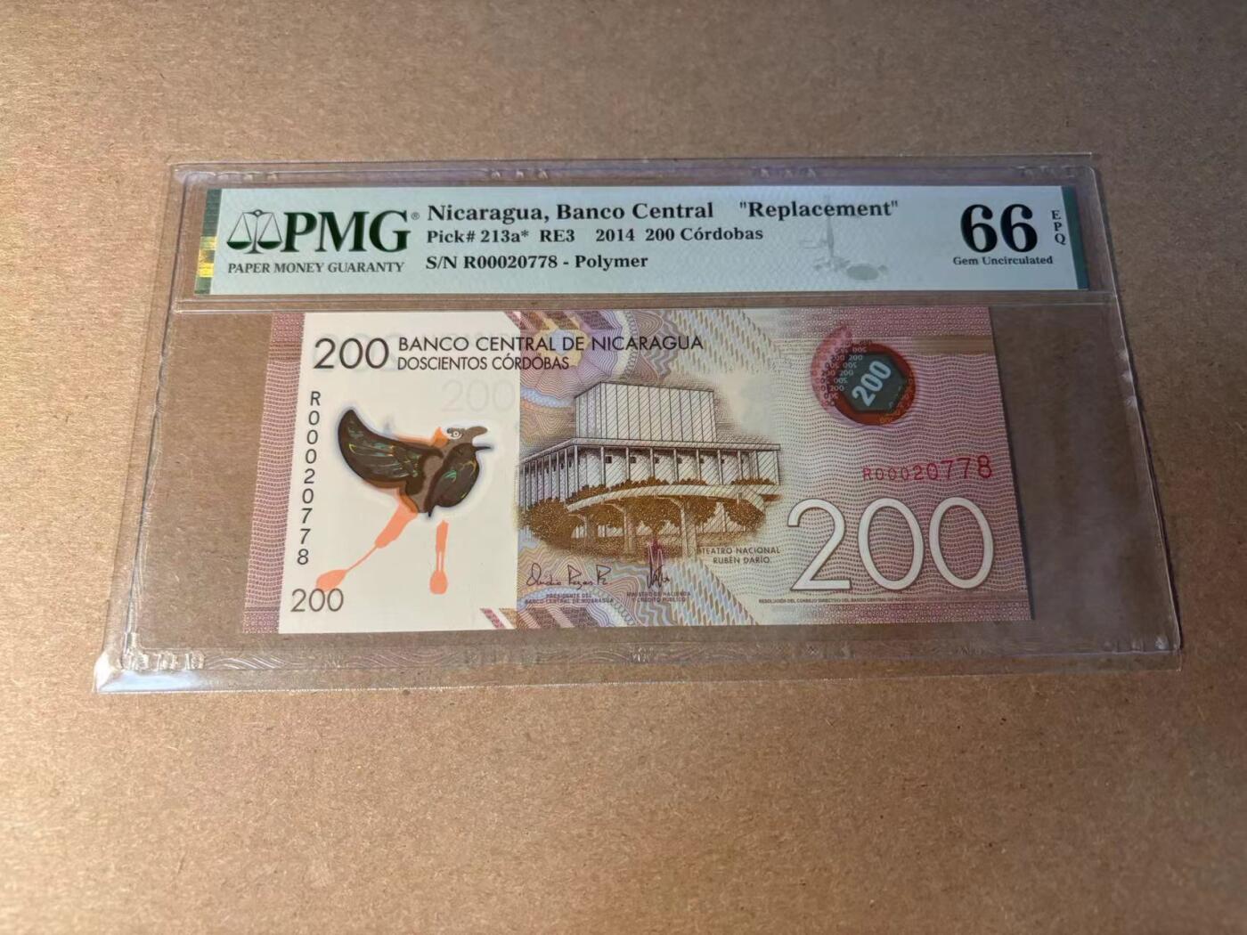 【Blue Auction】✨世界纸币精拍第543期【精】 【补号】尼加拉瓜 2014年200科多巴 PMG66EPQ 