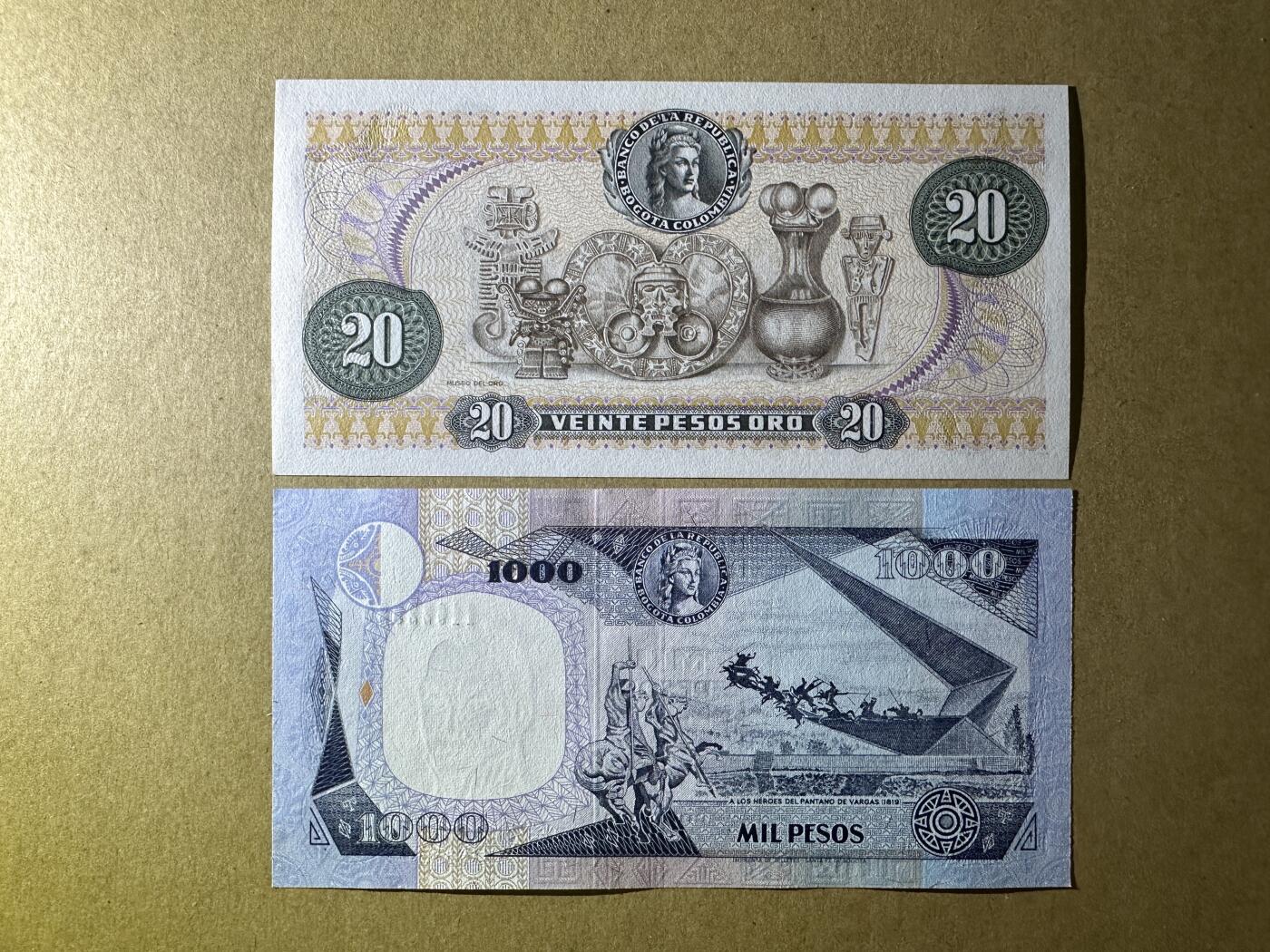 《张总收藏》167期-中秋外币高货特辑 哥伦比亚20、1000比索2张 UNC