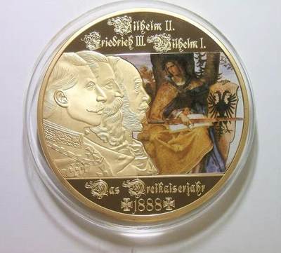 德国普鲁士三皇之年高浮雕精制彩色超大镀金章 带证书 70MM 116克 - 德国普鲁士三皇之年高浮雕精制彩色超大镀金章 带证书 70MM 116克