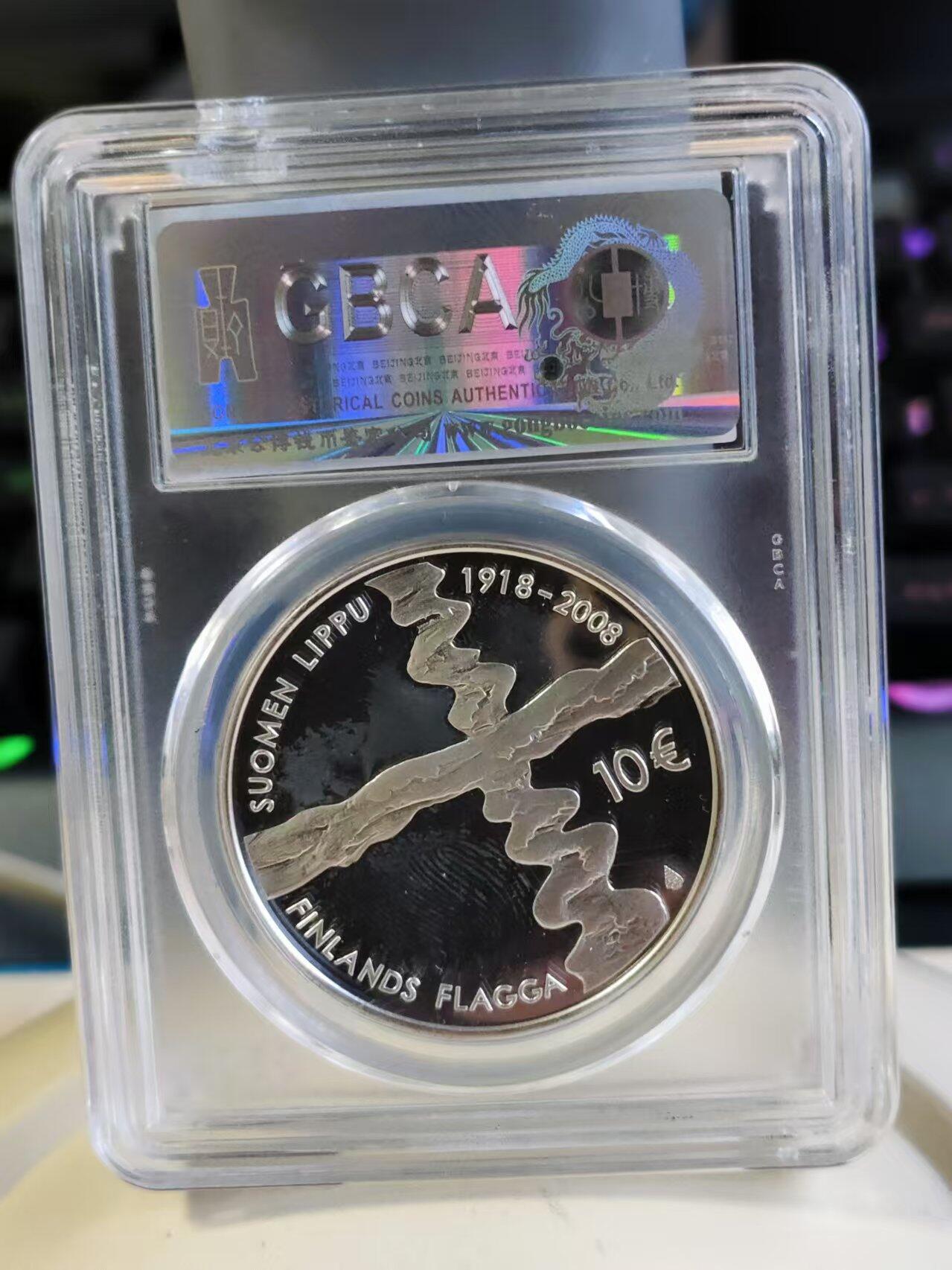 第187期拍卖 芬兰2008年芬兰国旗精制纪念银币公博评级PF69,925银，25.5克