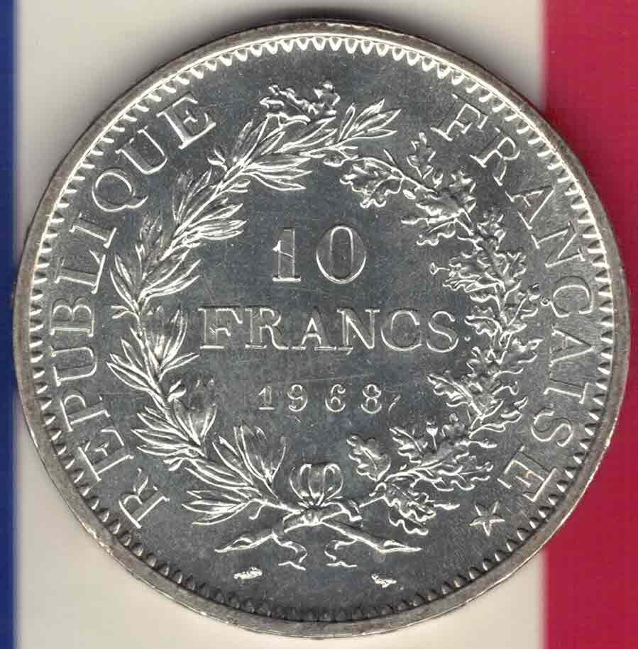 法国1968年10法郎 大银币(重25克 直径37MM 含银90%)实物图 AUNC