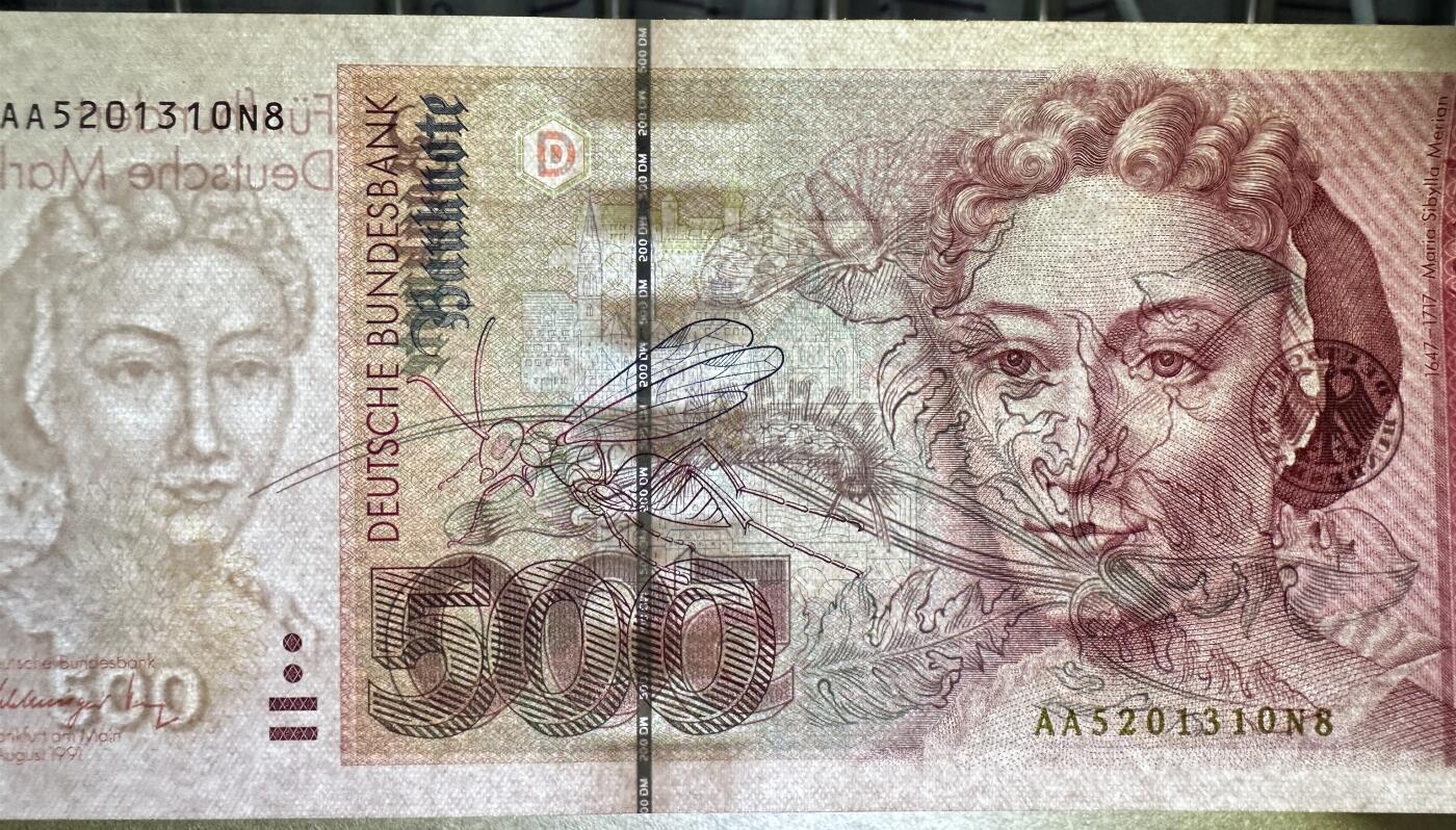 《张总收藏》167期-中秋外币高货特辑 德国500马克 UNC 1991年 德国女画家梅里安 仅右侧边缘有一处荧光 AA冠无47