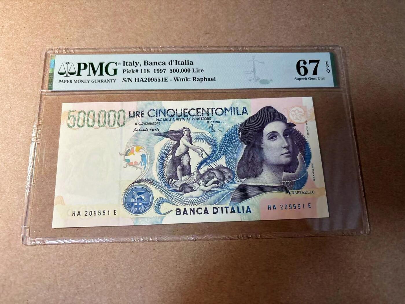 【Blue Auction】✨世界纸币精拍第543期【精】 【无47】意大利 1997年50万里拉 经典拉斐尔 PMG67EPQ 高分