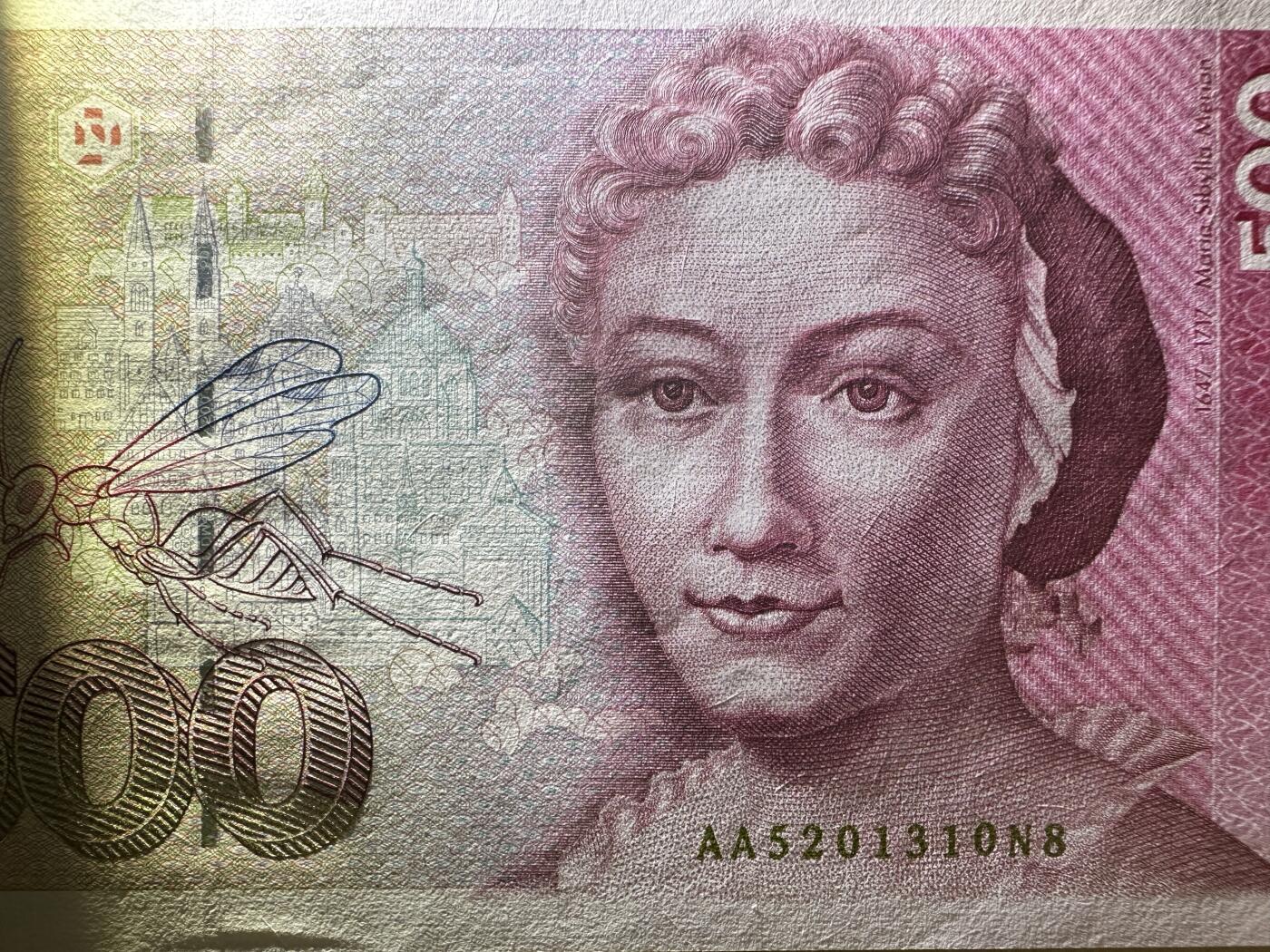 《张总收藏》167期-中秋外币高货特辑 德国500马克 UNC 1991年 德国女画家梅里安 仅右侧边缘有一处荧光 AA冠无47