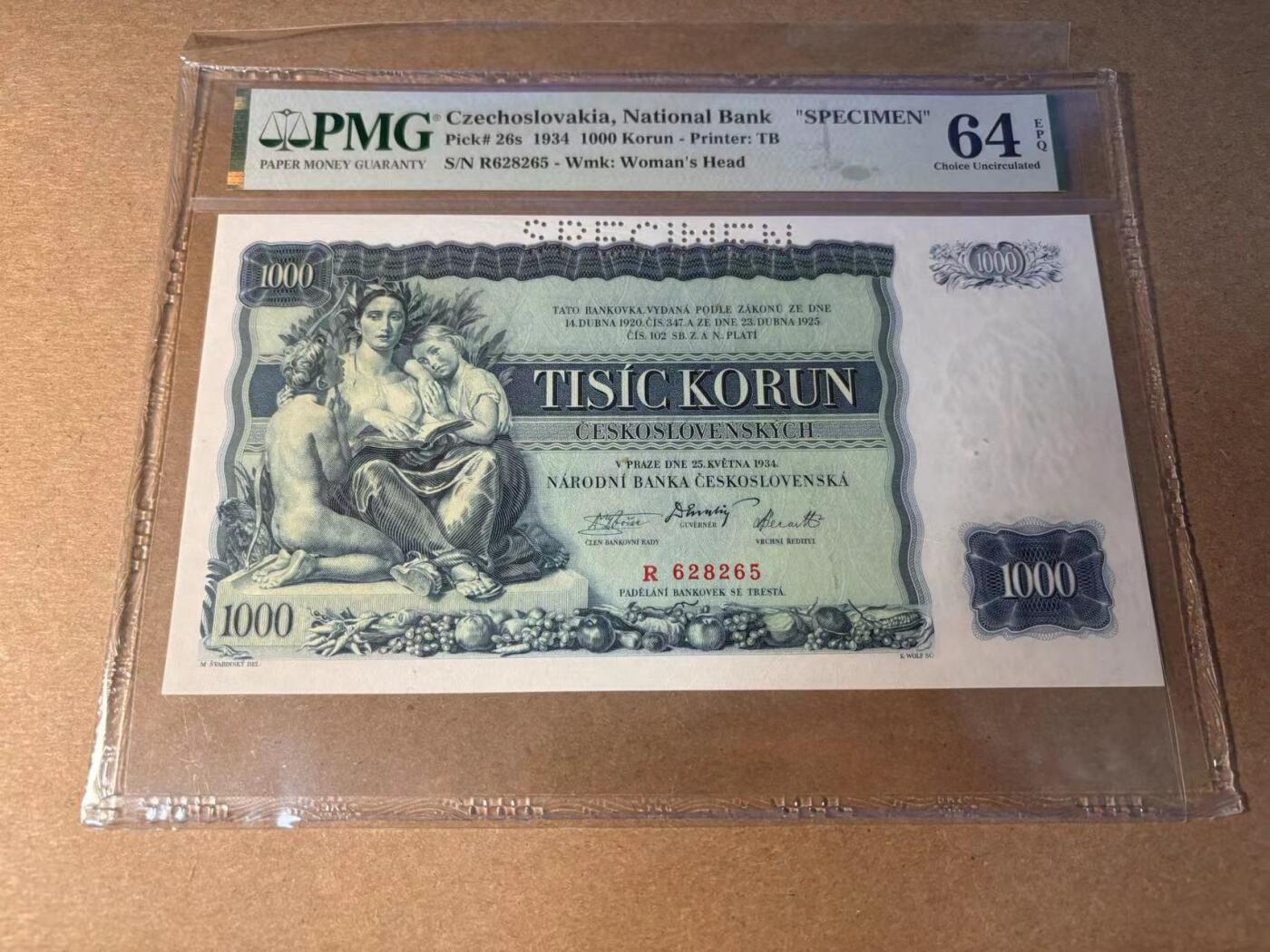 【Blue Auction】✨世界纸币精拍第543期【精】 捷斯 1934年1000克朗 PMG64EPQ 大票幅 样钞 精美