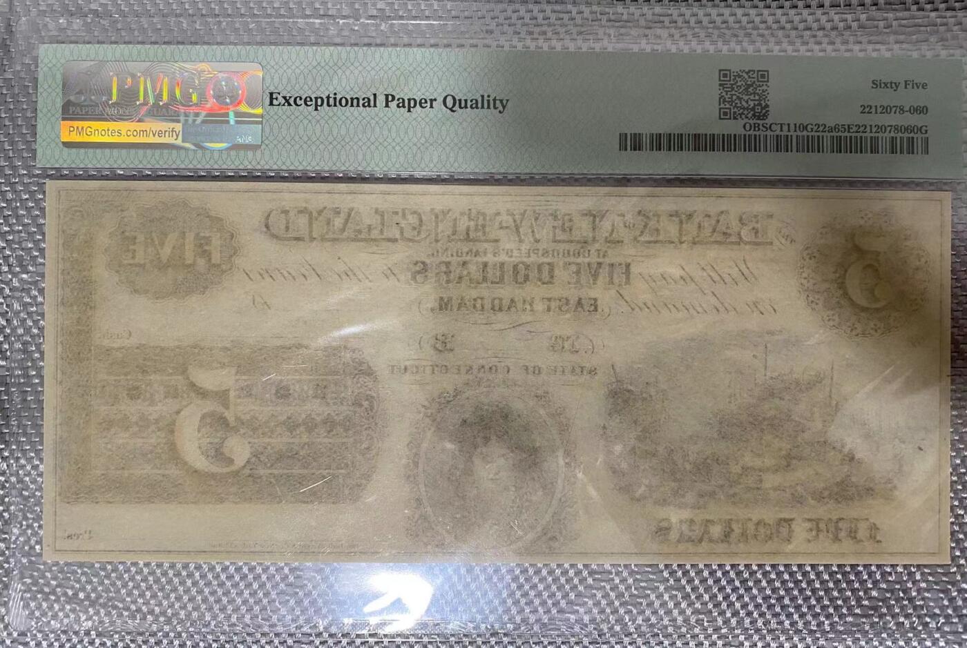 【Blue Auction】✨世界纸币精拍第543期【精】 美国 康涅狄格州 1860年代5美金 PMG65EPQ 大票幅 设计精美