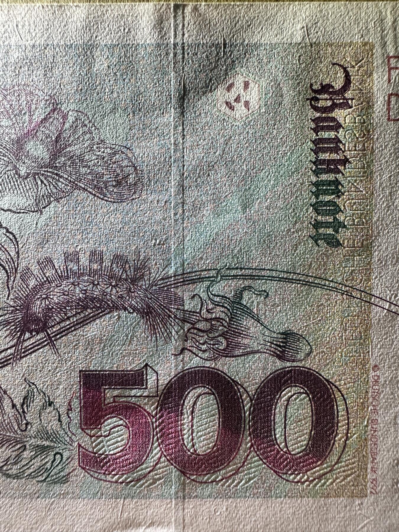 《张总收藏》167期-中秋外币高货特辑 德国500马克 UNC 1991年 德国女画家梅里安 仅右侧边缘有一处荧光 AA冠无47
