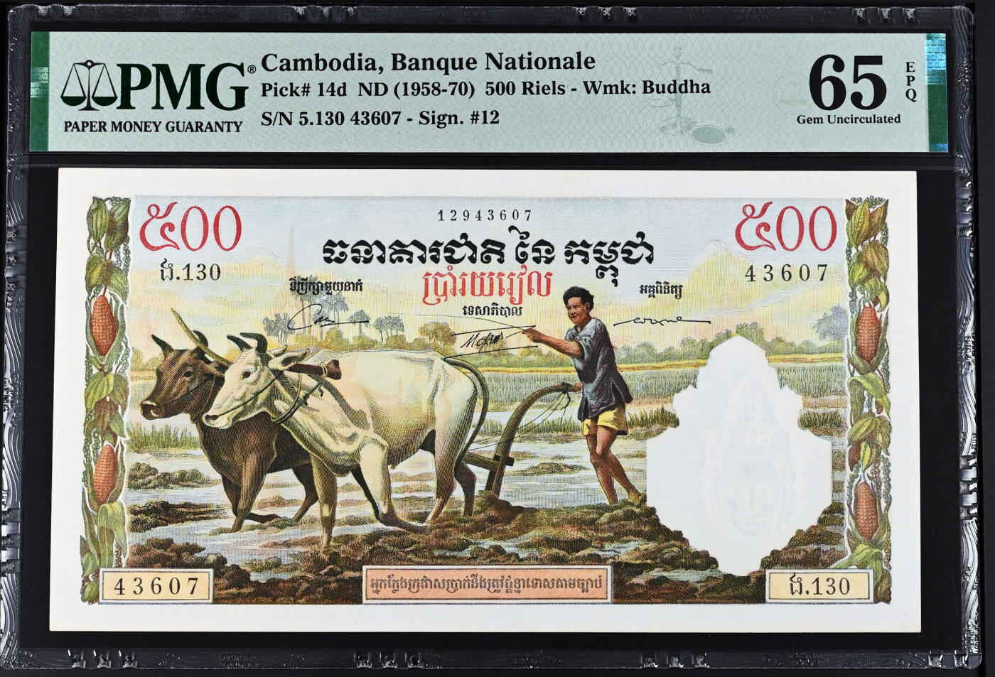 【Blue Auction】✨世界纸币精拍第544期【精】 柬埔寨 1958-70年500瑞尔 耕牛 PMG65EPQ 绝品