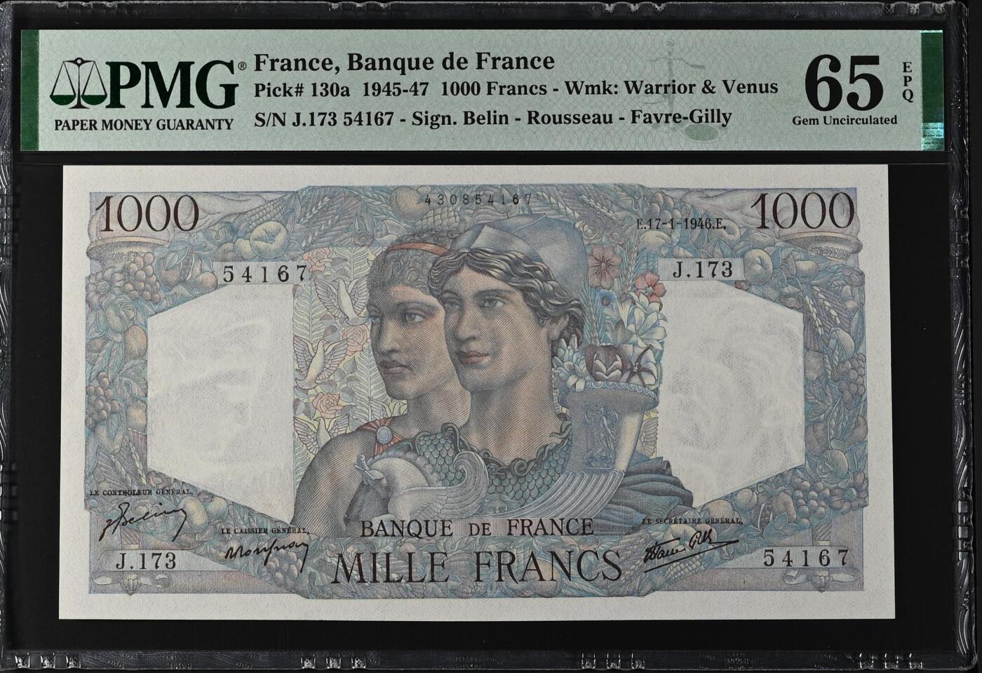 【Blue Auction】✨世界纸币精拍第544期【精】 法国 1946年1000法郎 PMG65EPQ 绝品 
