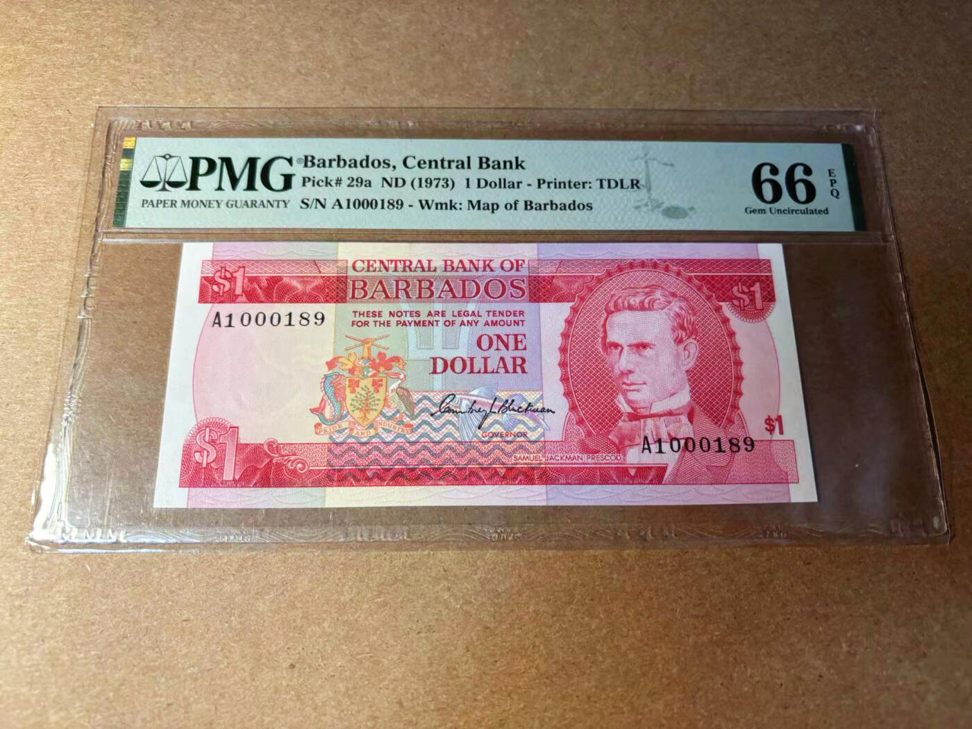【Blue Auction】✨世界纸币精拍第544期【精】 【A1首发冠 189倒置小号】巴巴多斯 1973年1元 PMG66EPQ 