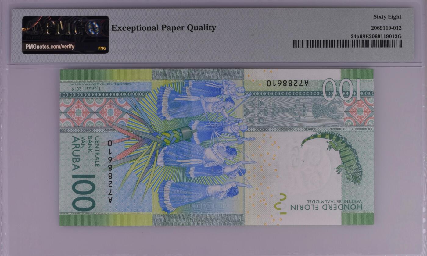 收藏联盟Quantum Auction 第376期拍卖  阿鲁巴2019年100弗洛林首发A冠 PMG68 号码无4