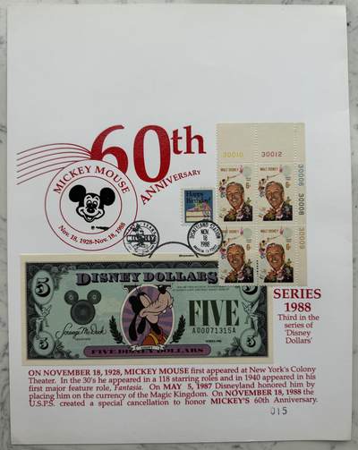 2024第36场（总第187期）：美国迪士尼纸币专场 - 1988首日封/A….A冠 加州迪斯尼乐园“米老鼠卡通形象诞辰60周年”5美元首发纪念册装UNC（全程无4）
