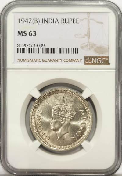 博洋堂世界钱币拍卖第129期（全场包邮） NGC MS63 英属印度1942年B版乔治六世1卢比银币，BU原卷