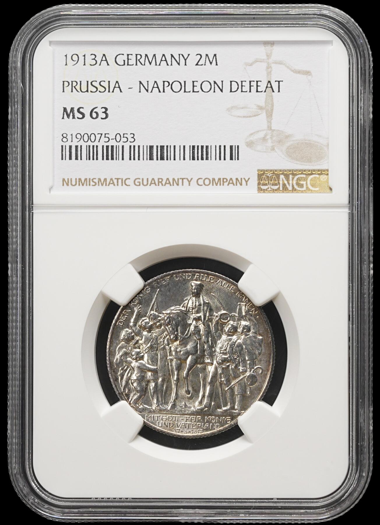 修遠堂世界钱币第三十九期 全场包邮 NGC MS63 1913年普鲁士战胜拿破仑百年纪念2马克银币