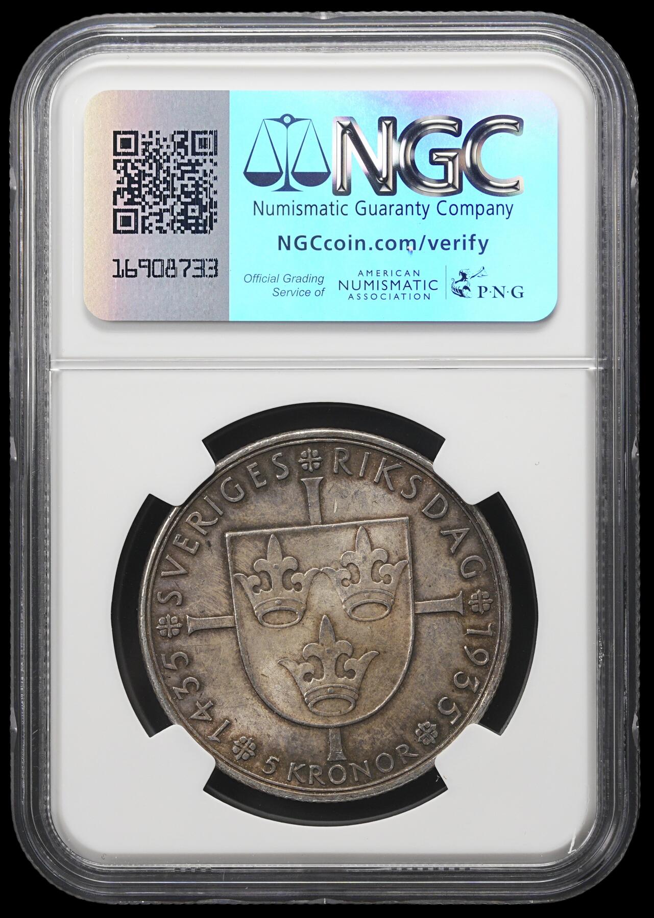 修遠堂世界钱币第三十九期 全场包邮 NGC MS63 1935年瑞典国会500周年纪念5克朗大银币 25.10g 90%银