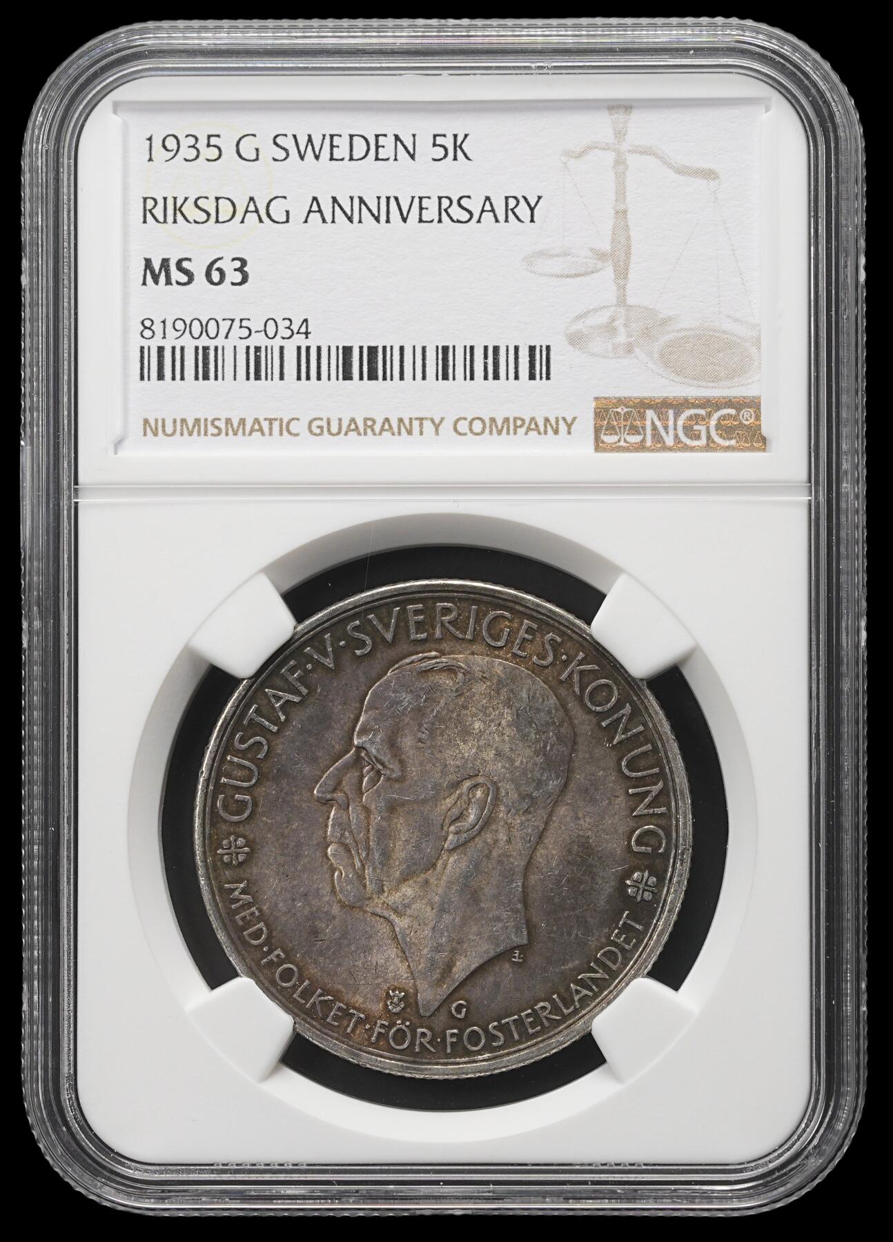 修遠堂世界钱币第三十九期 全场包邮 NGC MS63 1935年瑞典国会500周年纪念5克朗大银币 25.10g 90%银